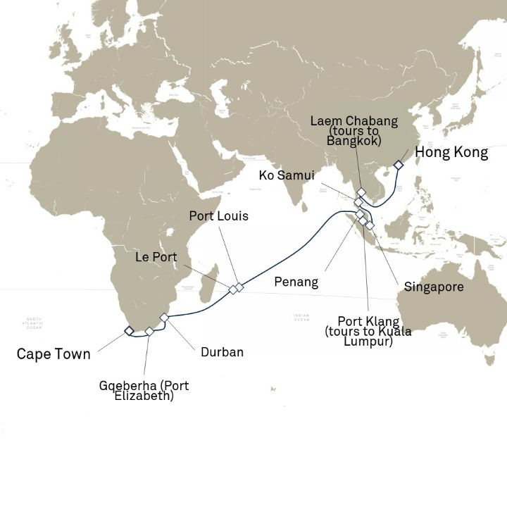 Carte de l’itinéraire Queen Anne, Hong Kong, Chine → Le Cap, Afrique du Sud
