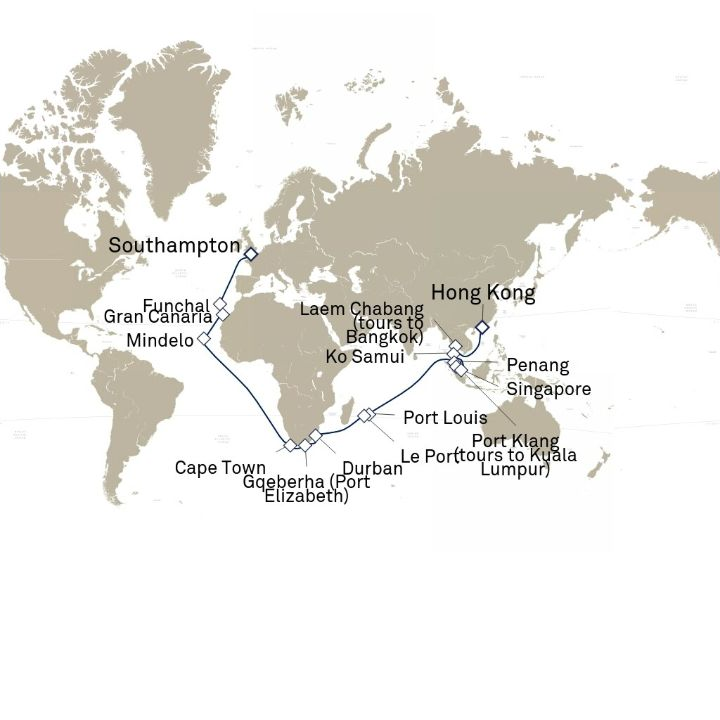 Carte de l’itinéraire Queen Anne, Hong Kong, Chine → Southampton, Angleterre, Royaume-Uni