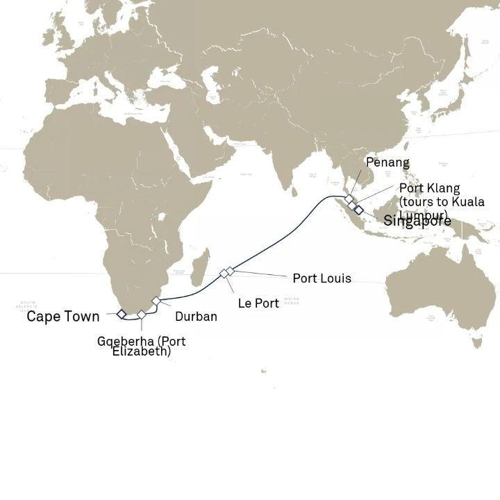 Carte de l’itinéraire Queen Anne, Singapour → Le Cap, Afrique du Sud