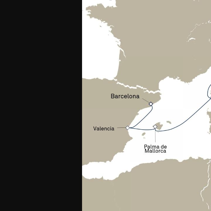 Carte de l’itinéraire Queen Elizabeth, Civitavecchia (excursions vers Rome), Italie → Barcelone, Espagne