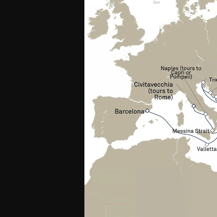 Carte de l’itinéraire Queen Elizabeth, Barcelone, Espagne → Civitavecchia (excursions vers Rome), Italie