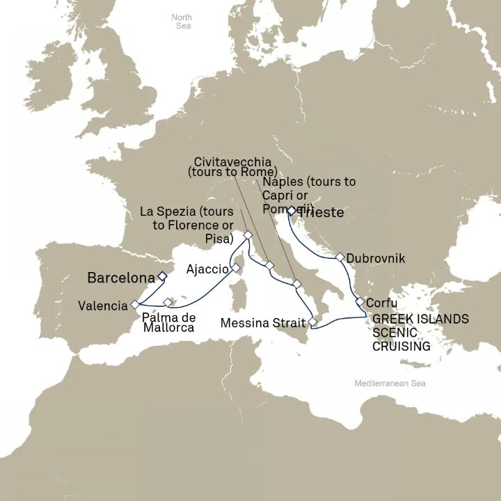 Carte de l’itinéraire Queen Elizabeth, Trieste, Italie → Barcelone, Espagne