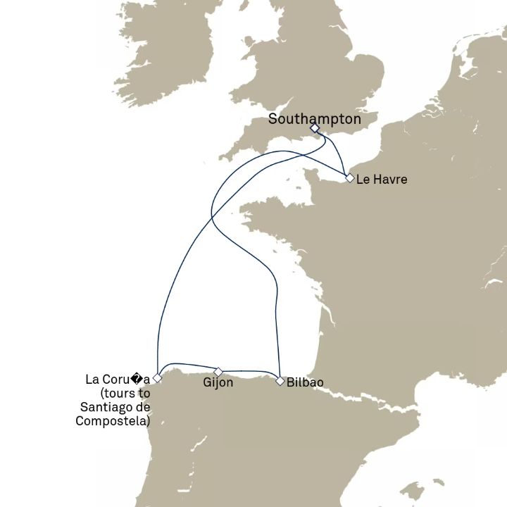Carte de l’itinéraire Queen Elizabeth, Southampton, Angleterre, Royaume-Uni → Southampton, Angleterre, Royaume-Uni