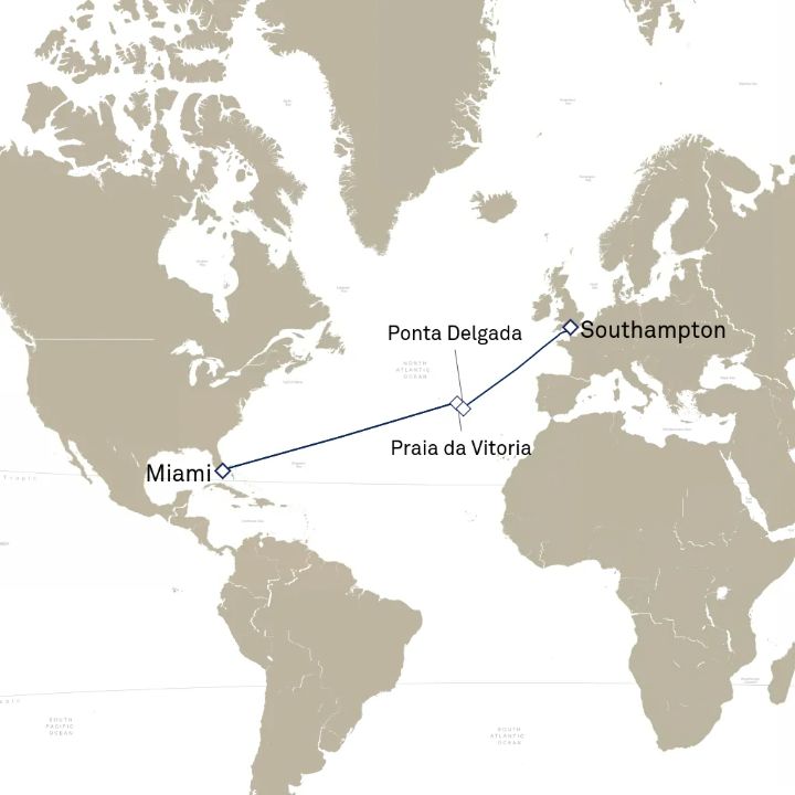 Carte de l’itinéraire Queen Elizabeth, Miami, FL, États-Unis → Southampton, Angleterre, Royaume-Uni