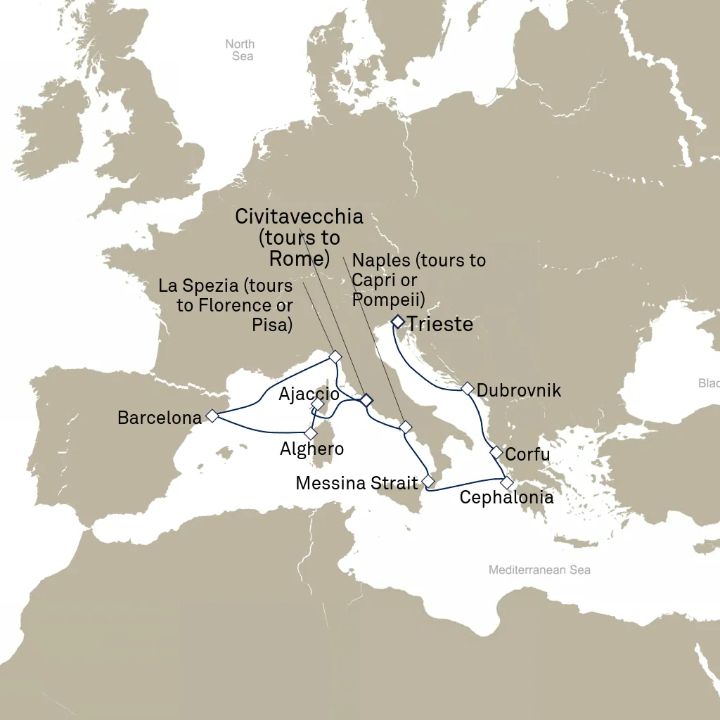 Carte de l’itinéraire Queen Elizabeth, Trieste, Italie → Civitavecchia (excursions vers Rome), Italie