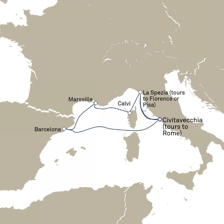 Carte de l’itinéraire Queen Elizabeth, Civitavecchia (excursions vers Rome), Italie → Civitavecchia (excursions vers Rome), Italie