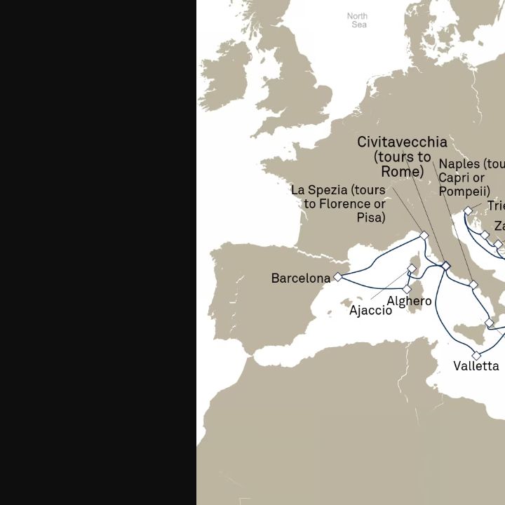 Carte de l’itinéraire Queen Elizabeth, Civitavecchia (excursions vers Rome), Italie → Civitavecchia (excursions vers Rome), Italie