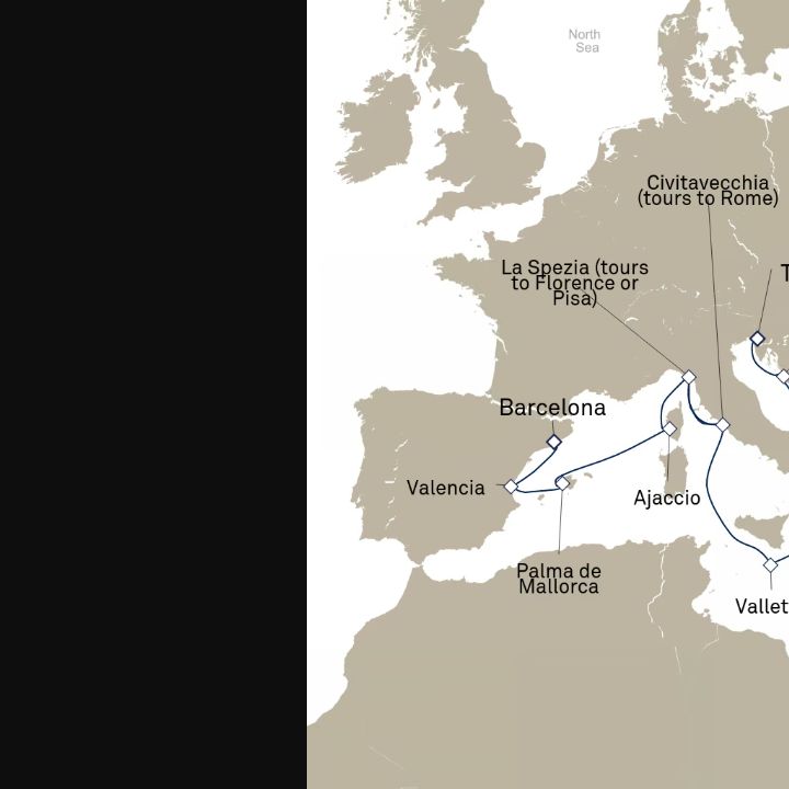 Carte de l’itinéraire Queen Elizabeth, Barcelone, Espagne → Trieste, Italie