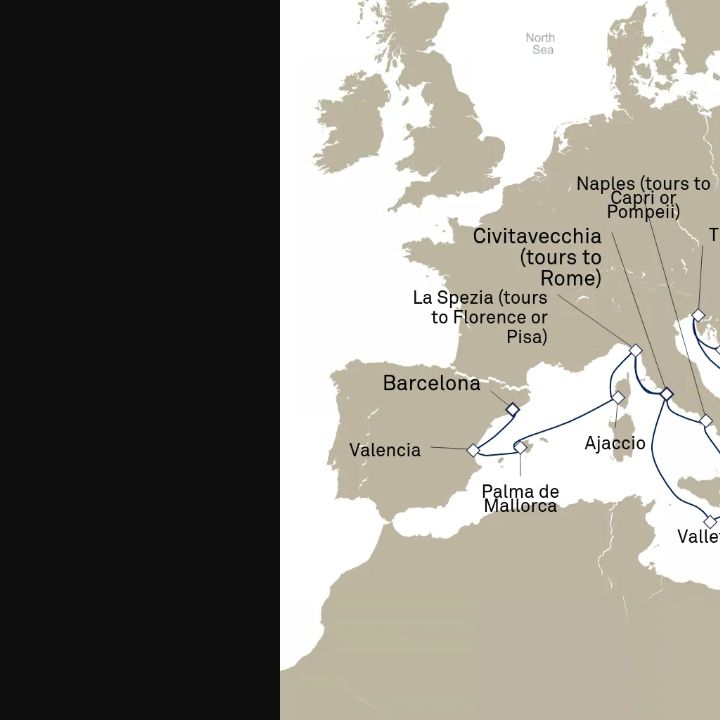 Carte de l’itinéraire Queen Elizabeth, Barcelone, Espagne → Civitavecchia (excursions vers Rome), Italie