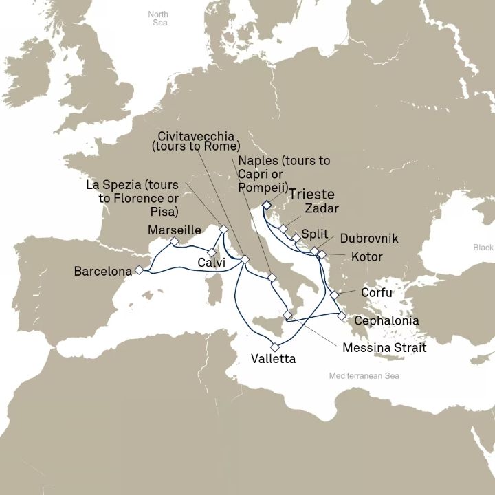 Carte de l’itinéraire Queen Elizabeth, Trieste, Italie → Trieste, Italie