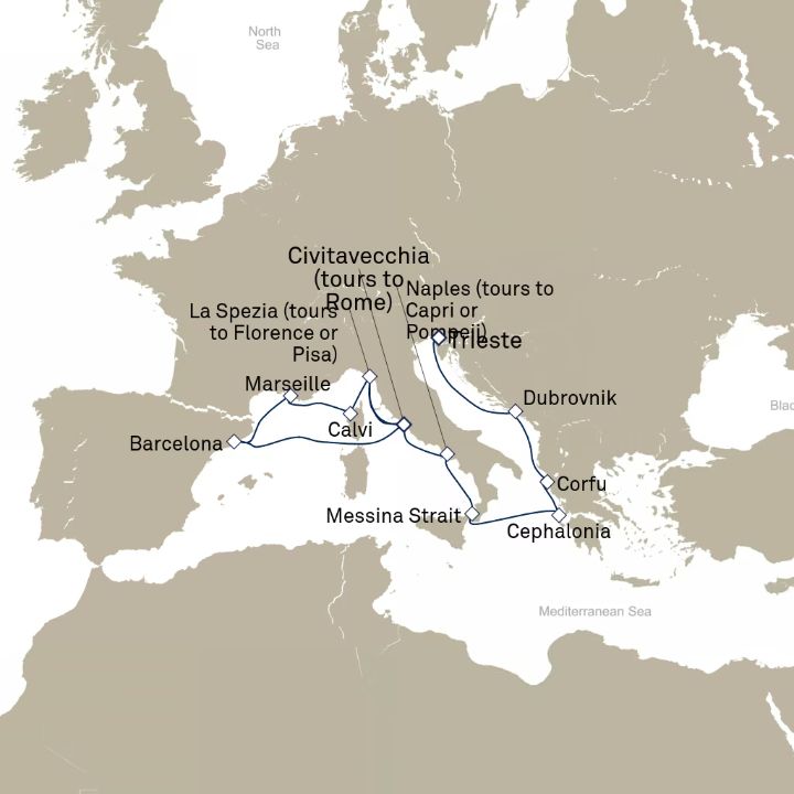 Carte de l’itinéraire Queen Elizabeth, Trieste, Italie → Civitavecchia (excursions vers Rome), Italie