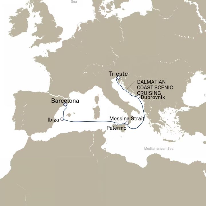 Carte de l’itinéraire Queen Elizabeth, Trieste, Italie → Barcelone, Espagne