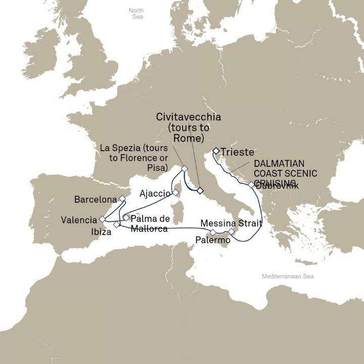 Carte de l’itinéraire Queen Elizabeth, Trieste, Italie → Civitavecchia (excursions vers Rome), Italie