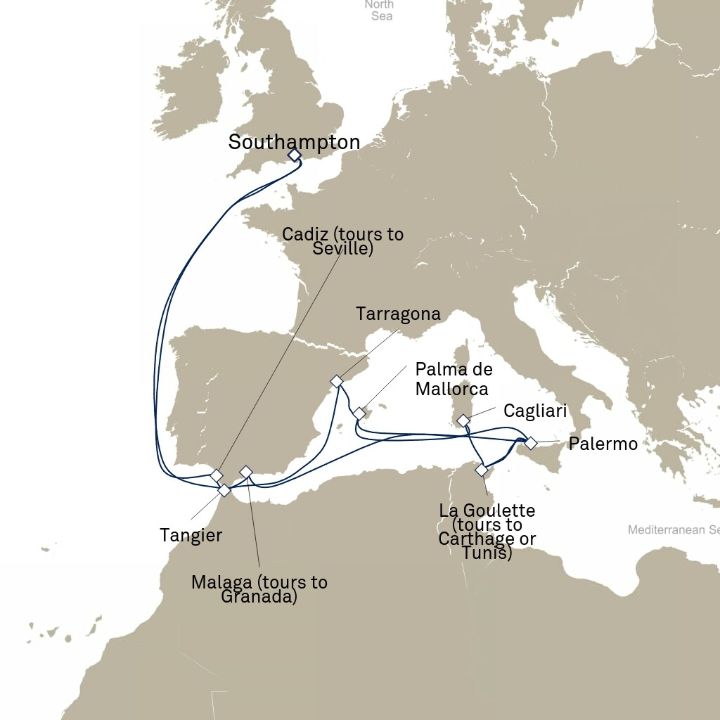 Carte de l’itinéraire Queen Elizabeth, Southampton, Angleterre, Royaume-Uni → Southampton, Angleterre, Royaume-Uni