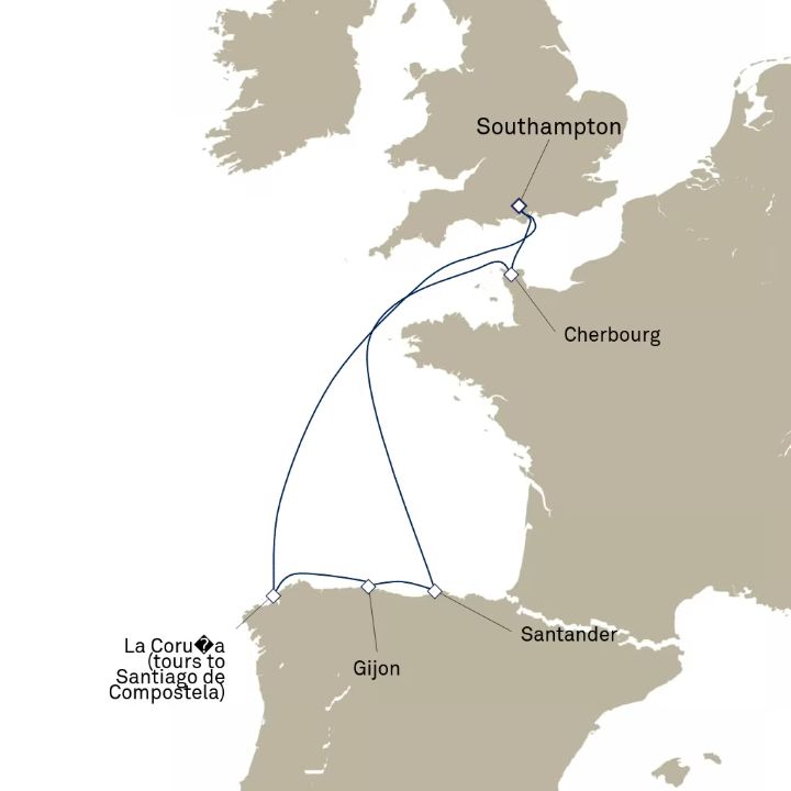 Carte de l’itinéraire Queen Elizabeth, Southampton, Angleterre, Royaume-Uni → Southampton, Angleterre, Royaume-Uni