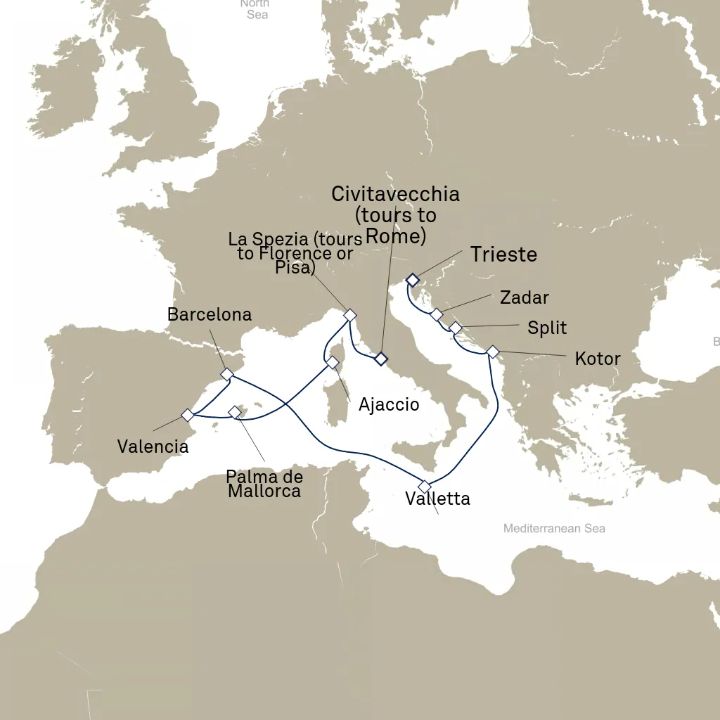Carte de l’itinéraire Queen Elizabeth, Barcelone, Espagne → Trieste, Italie