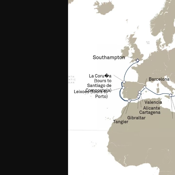 Carte de l’itinéraire Queen Elizabeth, Southampton, Angleterre, Royaume-Uni → Istanbul, Turquie