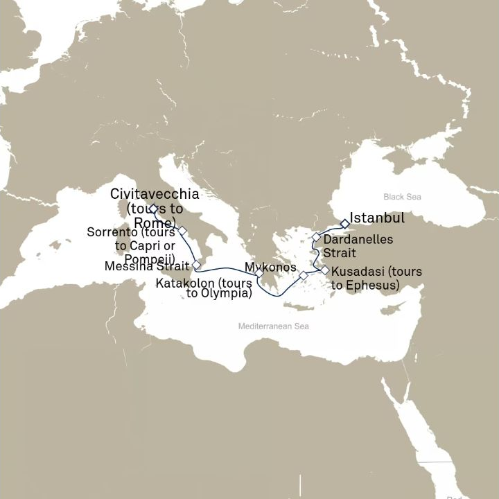 Carte de l’itinéraire Queen Elizabeth, Istanbul, Turquie → Civitavecchia (excursions vers Rome), Italie