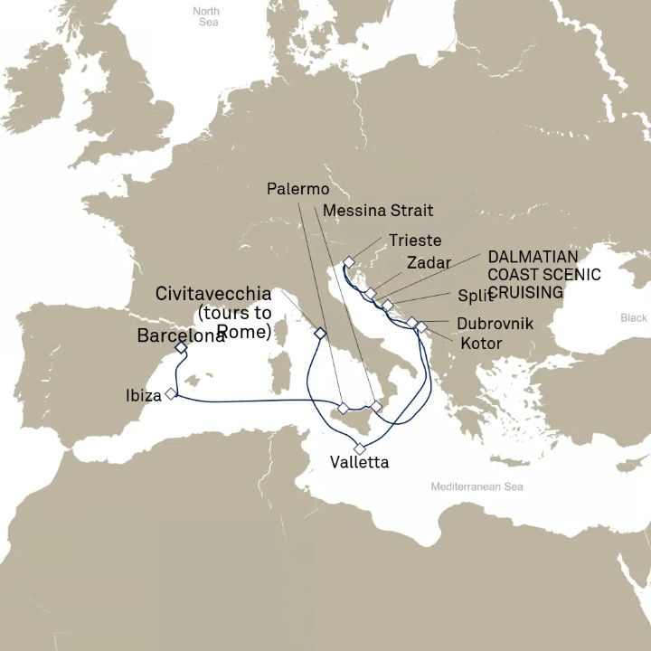 Carte de l’itinéraire Queen Elizabeth, Civitavecchia (excursions vers Rome), Italie → Barcelone, Espagne