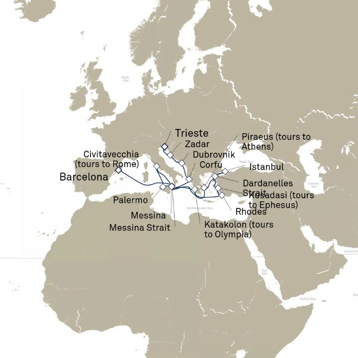 Carte de l’itinéraire Queen Elizabeth, Barcelone, Espagne → Trieste, Italie
