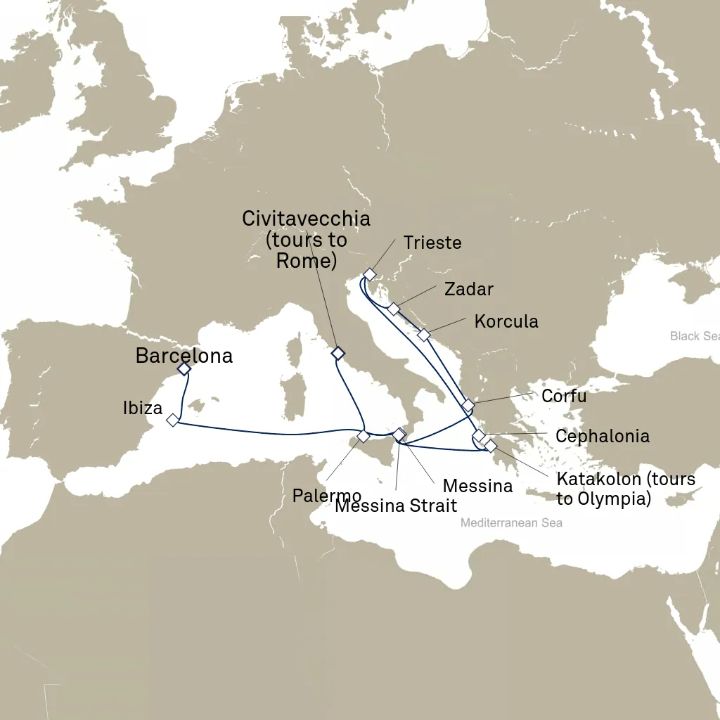 Carte de l’itinéraire Queen Elizabeth, Civitavecchia (excursions vers Rome), Italie → Barcelone, Espagne