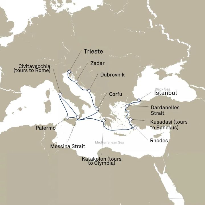 Carte de l’itinéraire Queen Elizabeth, Istanbul, Turquie → Trieste, Italie
