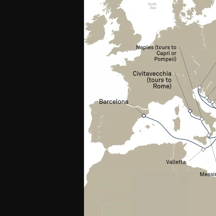 Carte de l’itinéraire Queen Elizabeth, Barcelone, Espagne → Civitavecchia (excursions vers Rome), Italie
