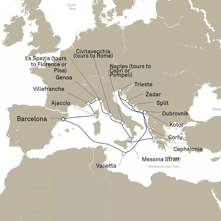 Carte de l’itinéraire Queen Elizabeth, Barcelone, Espagne → Barcelone, Espagne
