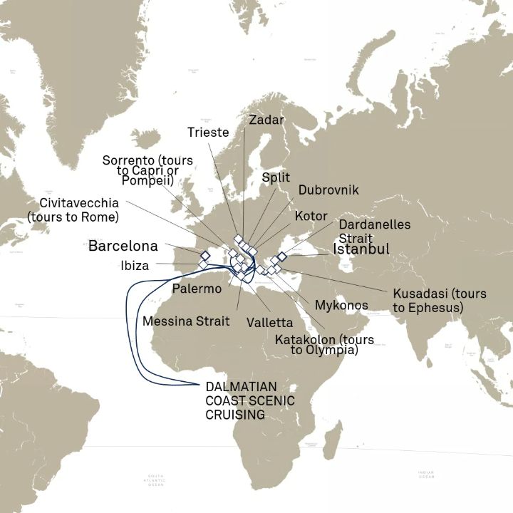 Carte de l’itinéraire Queen Elizabeth, Trieste, Italie → Istanbul, Turquie