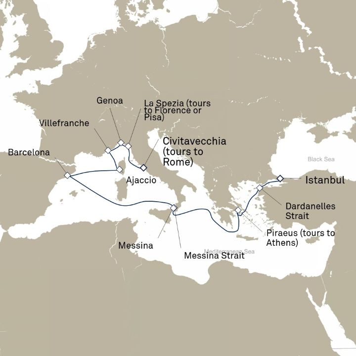 Carte de l’itinéraire Queen Elizabeth, Civitavecchia (excursions vers Rome), Italie → Istanbul, Turquie