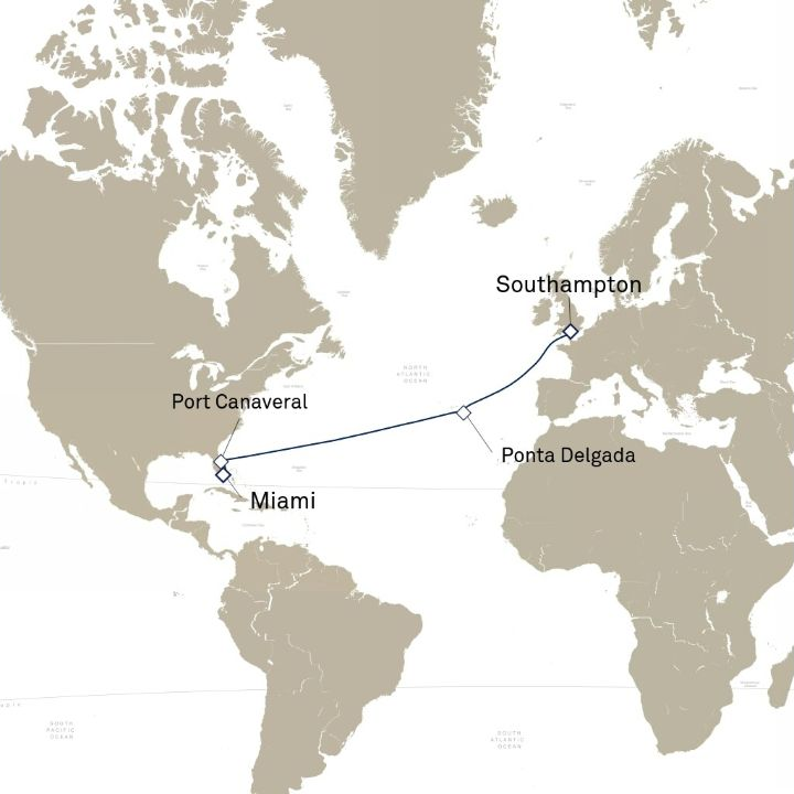 Carte de l’itinéraire Queen Elizabeth, Miami, FL, États-Unis → Southampton, Angleterre, Royaume-Uni