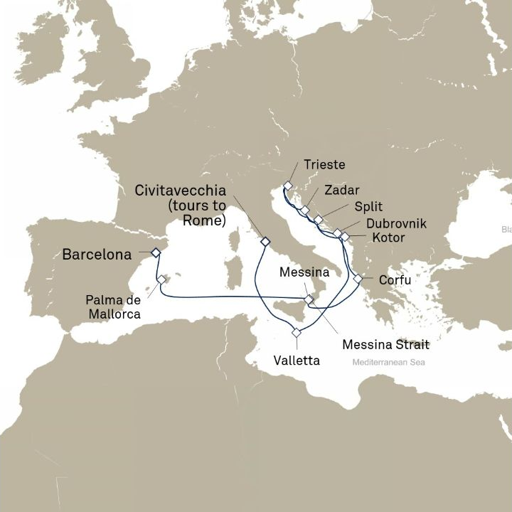 Carte de l’itinéraire Queen Elizabeth, Civitavecchia (excursions vers Rome), Italie → Barcelone, Espagne
