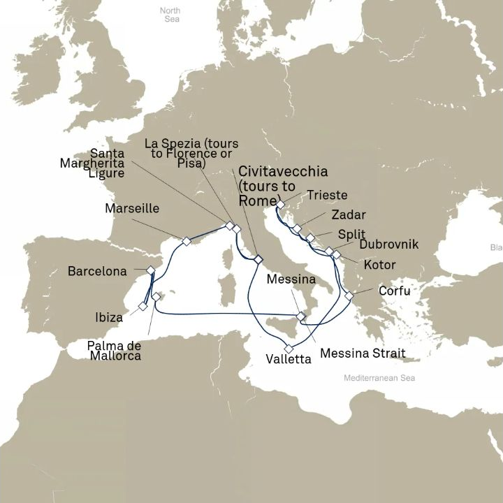 Carte de l’itinéraire Queen Elizabeth, Civitavecchia (excursions vers Rome), Italie → Civitavecchia (excursions vers Rome), Italie