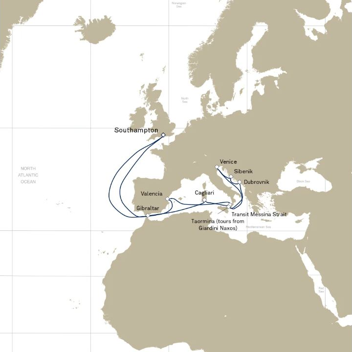 Carte de l’itinéraire Queen Elizabeth, Trieste, Italie → Barcelone, Espagne