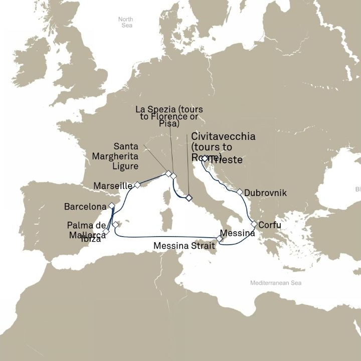 Carte de l’itinéraire Queen Elizabeth, Trieste, Italie → Civitavecchia (excursions vers Rome), Italie