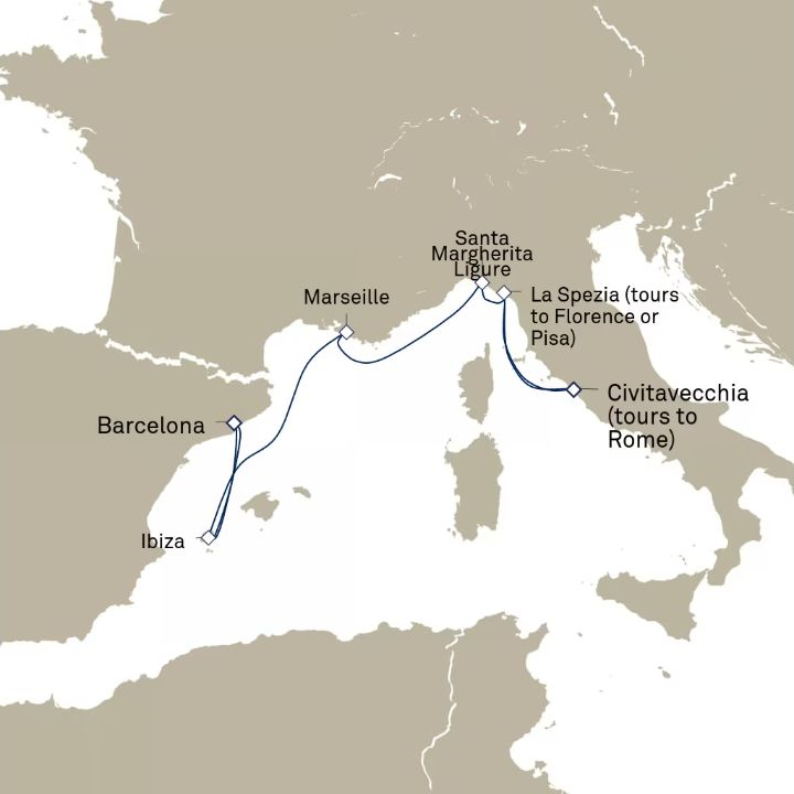 Carte de l’itinéraire Queen Elizabeth, Barcelone, Espagne → Civitavecchia (excursions vers Rome), Italie