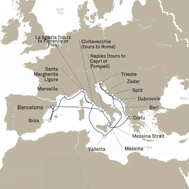 Carte de l’itinéraire Queen Elizabeth, Barcelone, Espagne → Barcelone, Espagne