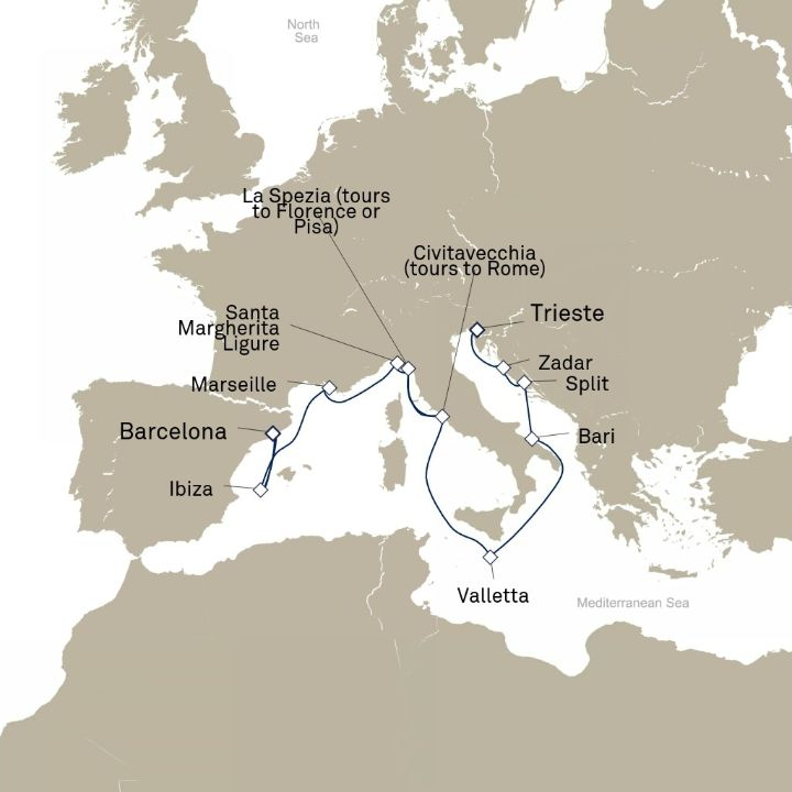 Carte de l’itinéraire Queen Elizabeth, Barcelone, Espagne → Trieste, Italie