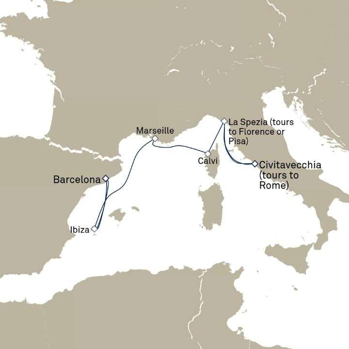 Carte de l’itinéraire Queen Elizabeth, Barcelone, Espagne → Civitavecchia (excursions vers Rome), Italie