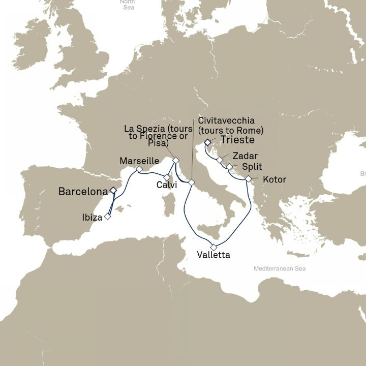 Carte de l’itinéraire Queen Elizabeth, Barcelone, Espagne → Trieste, Italie
