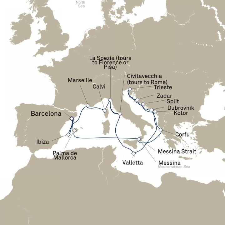 Carte de l’itinéraire Queen Elizabeth, Barcelone, Espagne → Barcelone, Espagne