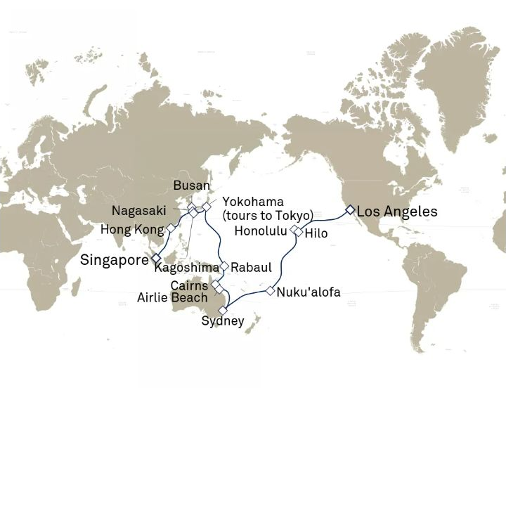 Carte de l’itinéraire Queen Elizabeth, Singapour → Los Angeles, CA, États-Unis