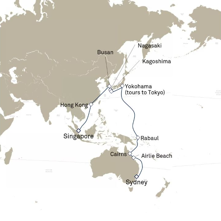 Carte de l’itinéraire Queen Elizabeth, Singapour → Sydney, NSW, Australie