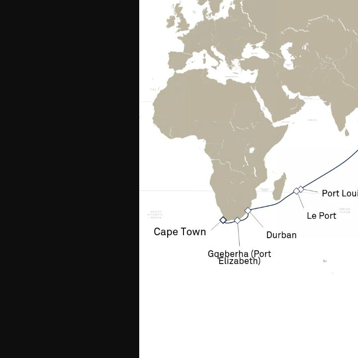 Carte de l’itinéraire Queen Elizabeth, Le Cap, Afrique du Sud → Singapour