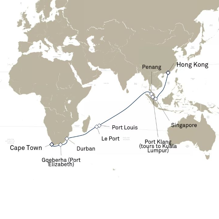 Carte de l’itinéraire Queen Elizabeth, Le Cap, Afrique du Sud → Hong Kong, Chine