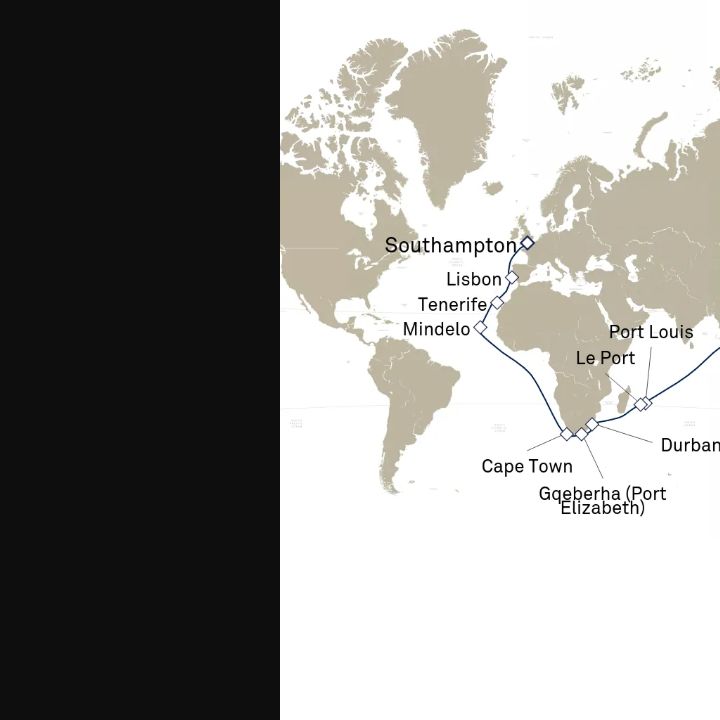 Carte de l’itinéraire Queen Elizabeth, Southampton, Angleterre, Royaume-Uni → Singapour