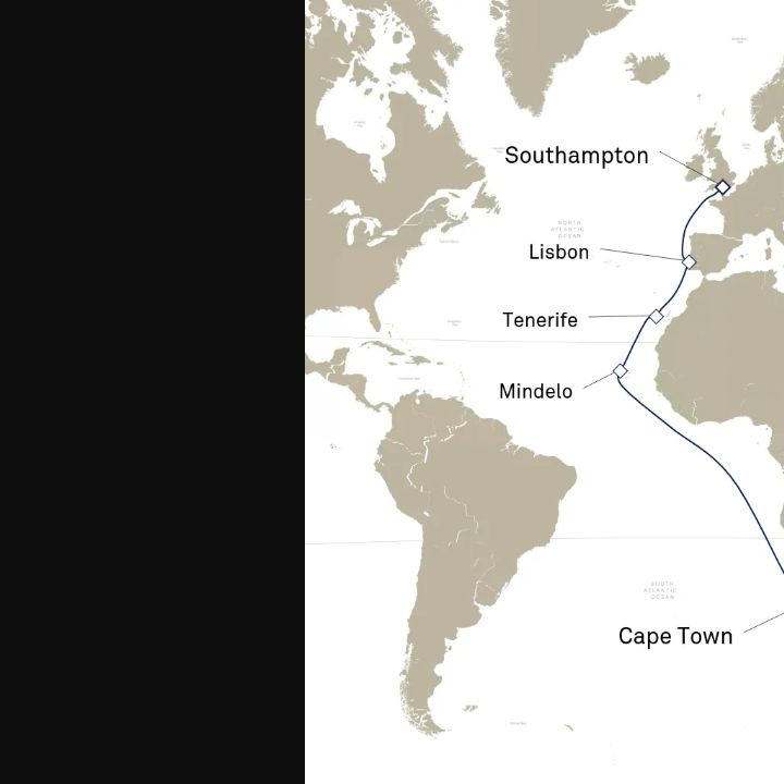 Carte de l’itinéraire Queen Elizabeth, Southampton, Angleterre, Royaume-Uni → Le Cap, Afrique du Sud