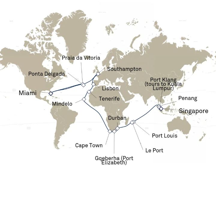 Carte de l’itinéraire Queen Elizabeth, Miami, FL, États-Unis → Singapour