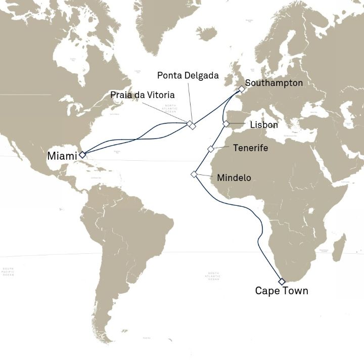 Carte de l’itinéraire Queen Elizabeth, Miami, FL, États-Unis → Le Cap, Afrique du Sud