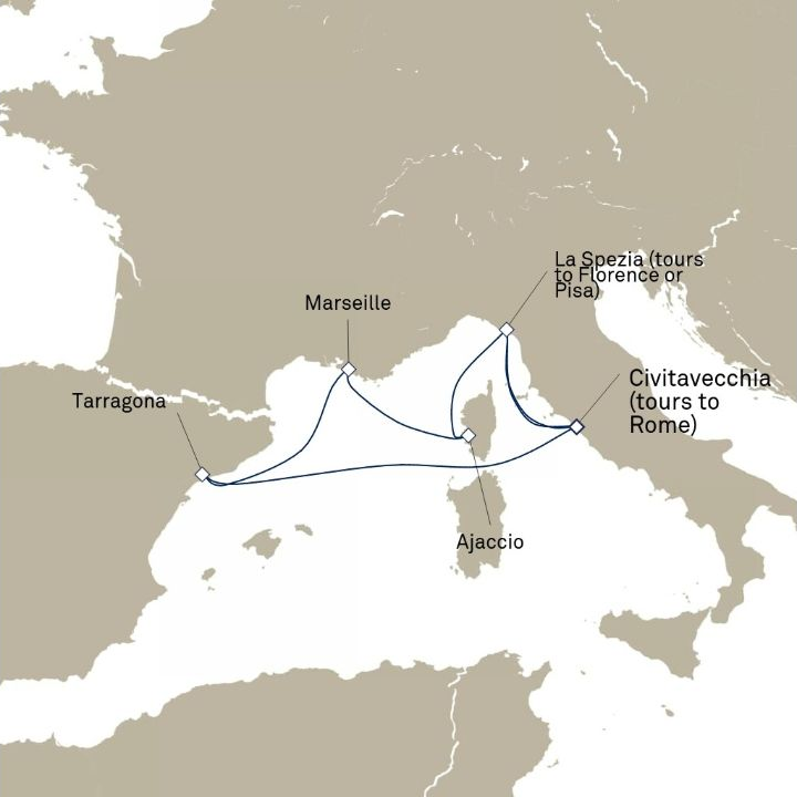 Carte de l’itinéraire Queen Elizabeth, Civitavecchia (excursions vers Rome), Italie → Civitavecchia (excursions vers Rome), Italie